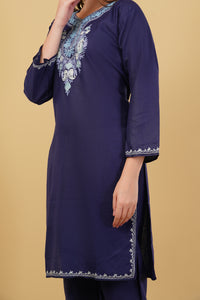 Kashmiri Aari embroidery Cotton Co-ord set Size-40 (Navy Blue)