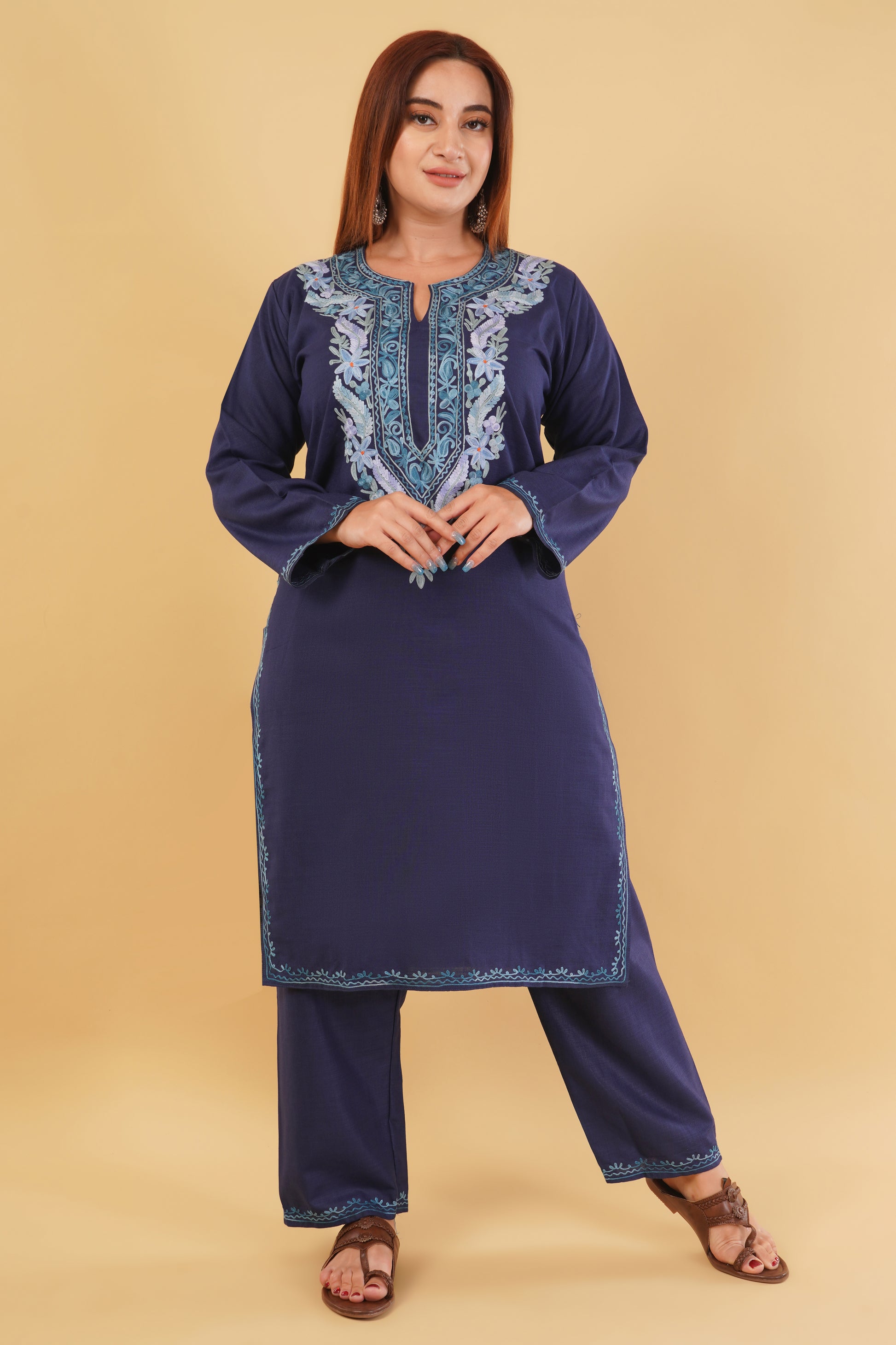 Kashmiri Aari embroidery Cotton Co-ord set Size-44 (Navy Blue)