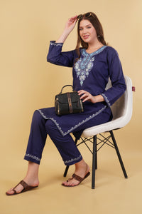 Kashmiri Aari embroidery Cotton Co-ord set Size-40 (Navy Blue)