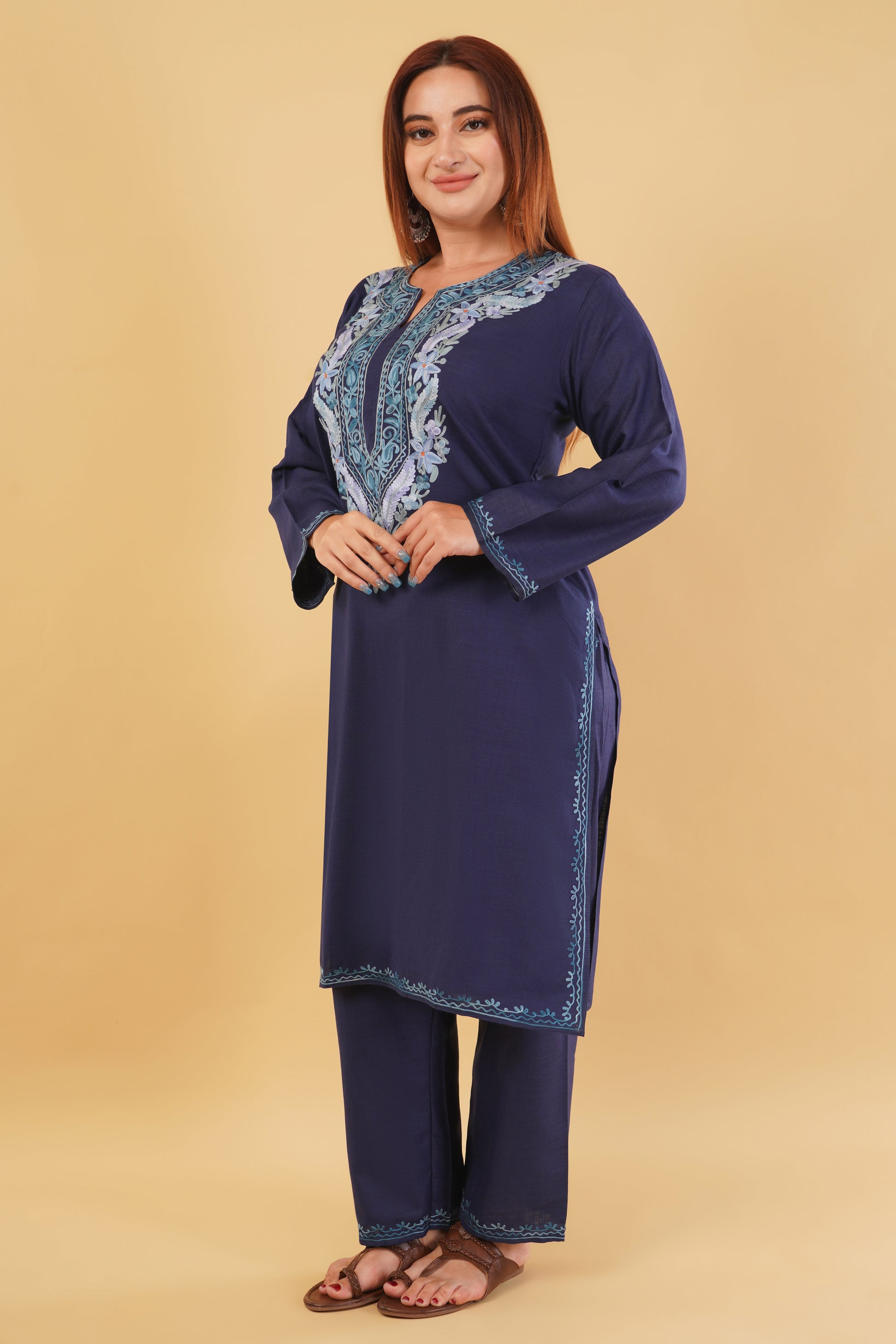 Kashmiri Aari embroidery Cotton Co-ord set Size-44 (Navy Blue)