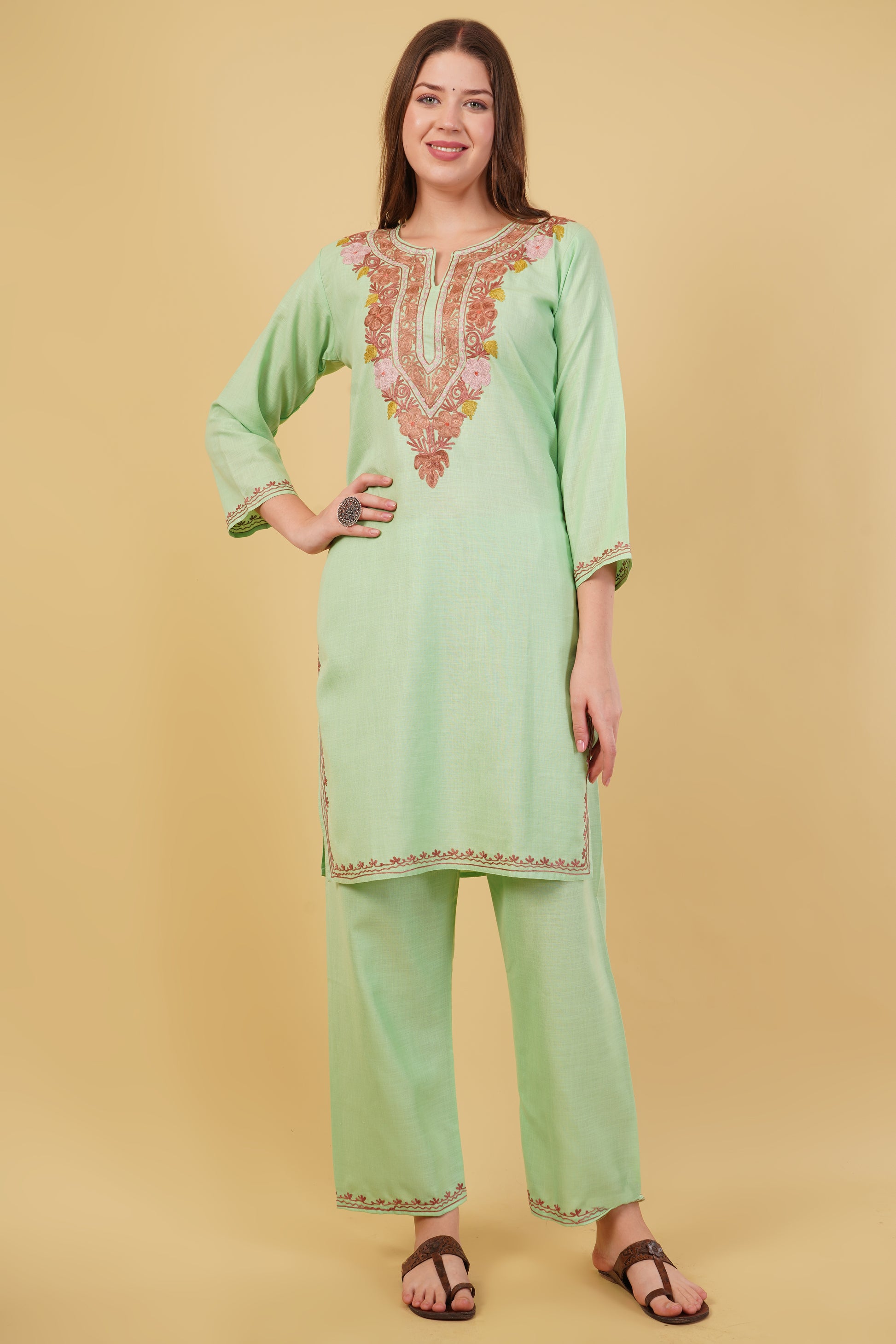 Kashmiri Aari embroidery Cotton Co-ord set Size-40 (Green)