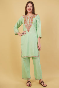 Kashmiri Aari embroidery Cotton Co-ord set Size-40 (Green)