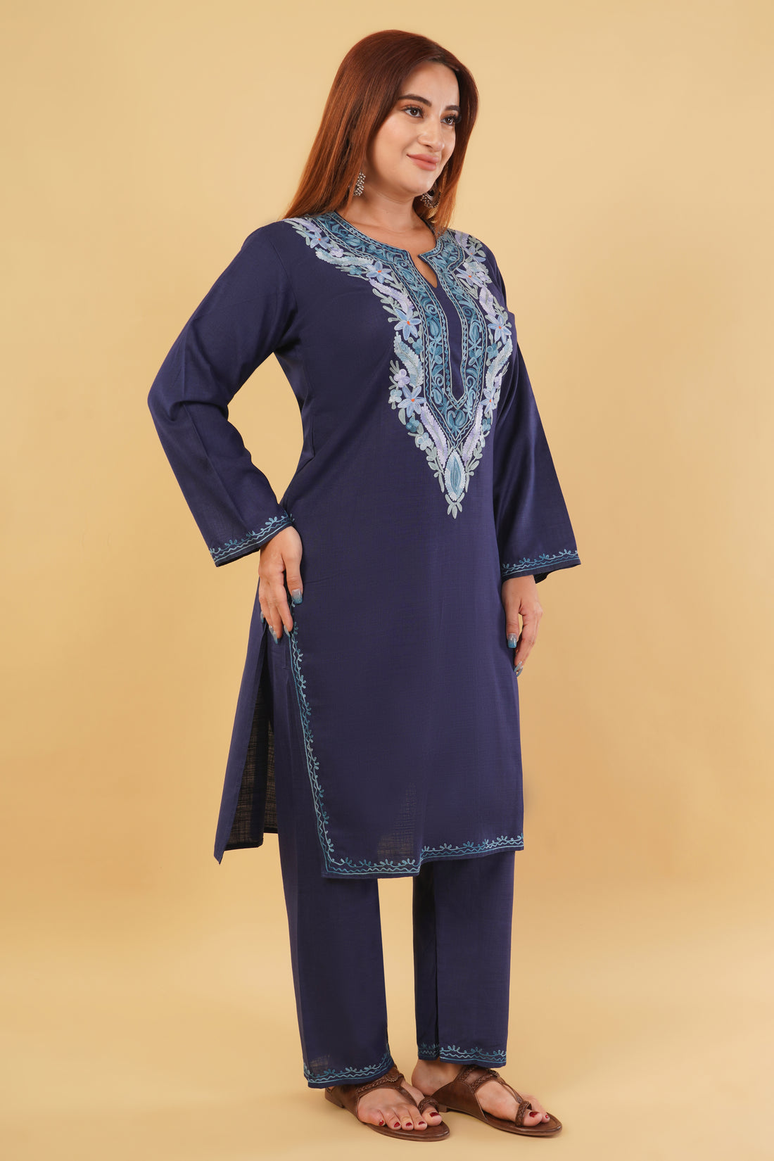 Kashmiri Aari embroidery Cotton Co-ord set Size-44 (Navy Blue)