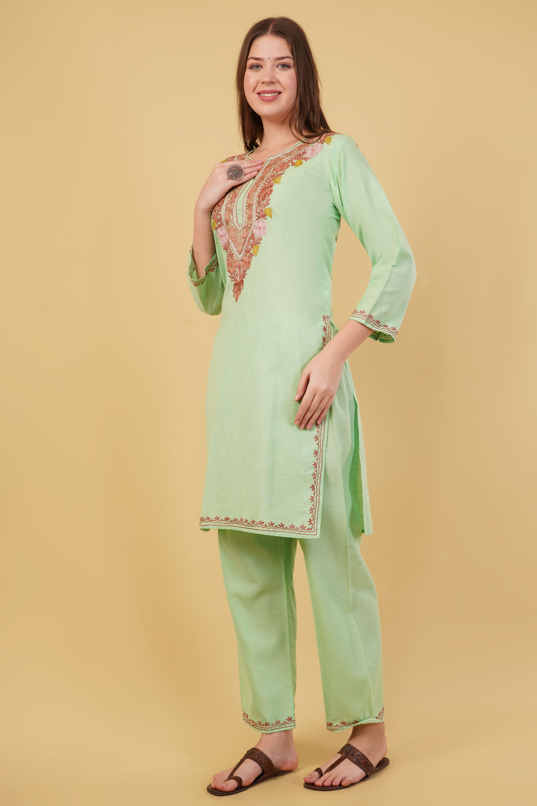 Kashmiri Aari embroidery Cotton Co-ord set Size-40 (Green)