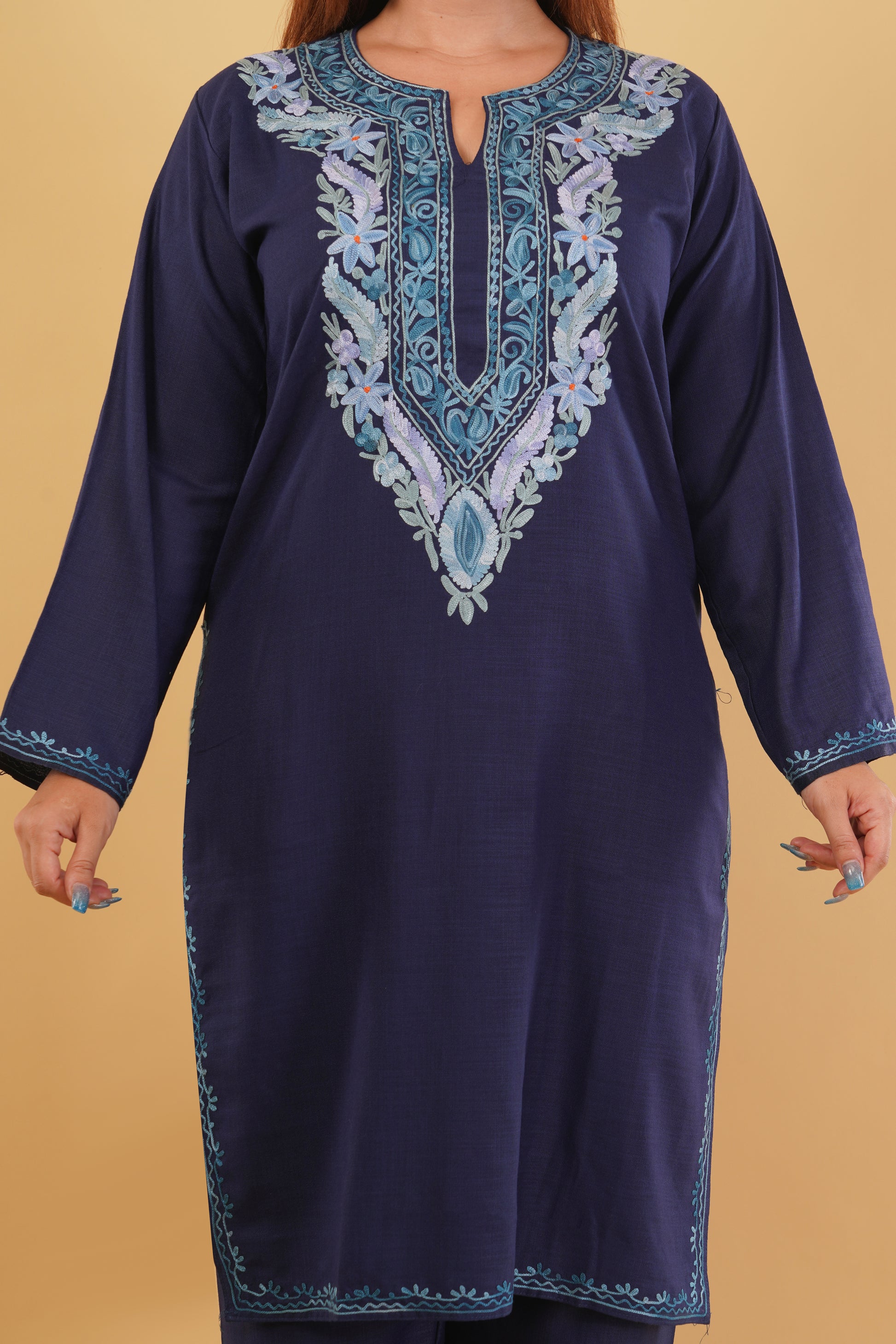 Kashmiri Aari embroidery Cotton Co-ord set Size-44 (Navy Blue)