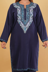 Kashmiri Aari embroidery Cotton Co-ord set Size-44 (Navy Blue)