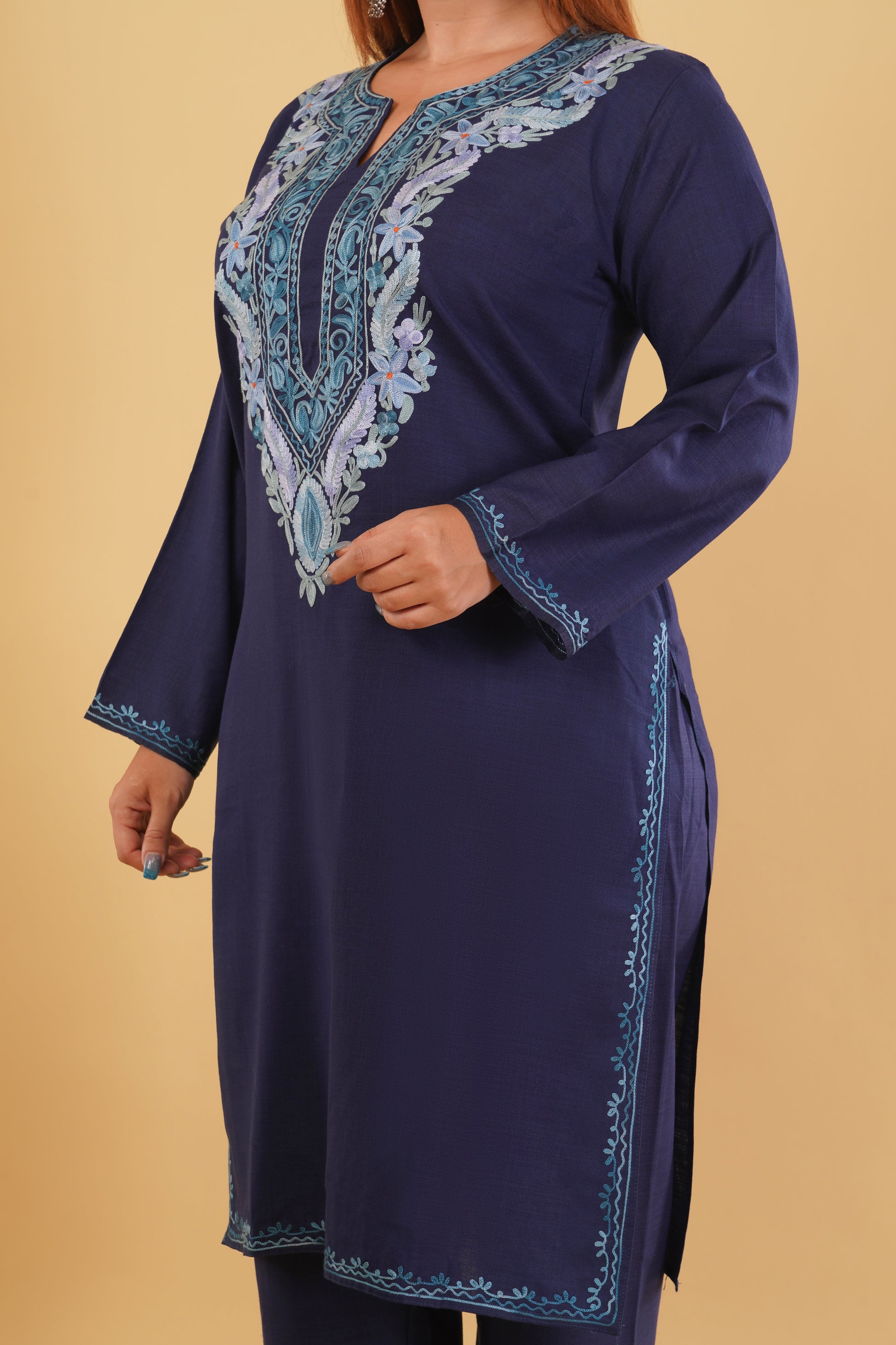 Kashmiri Aari embroidery Cotton Co-ord set Size-44 (Navy Blue)