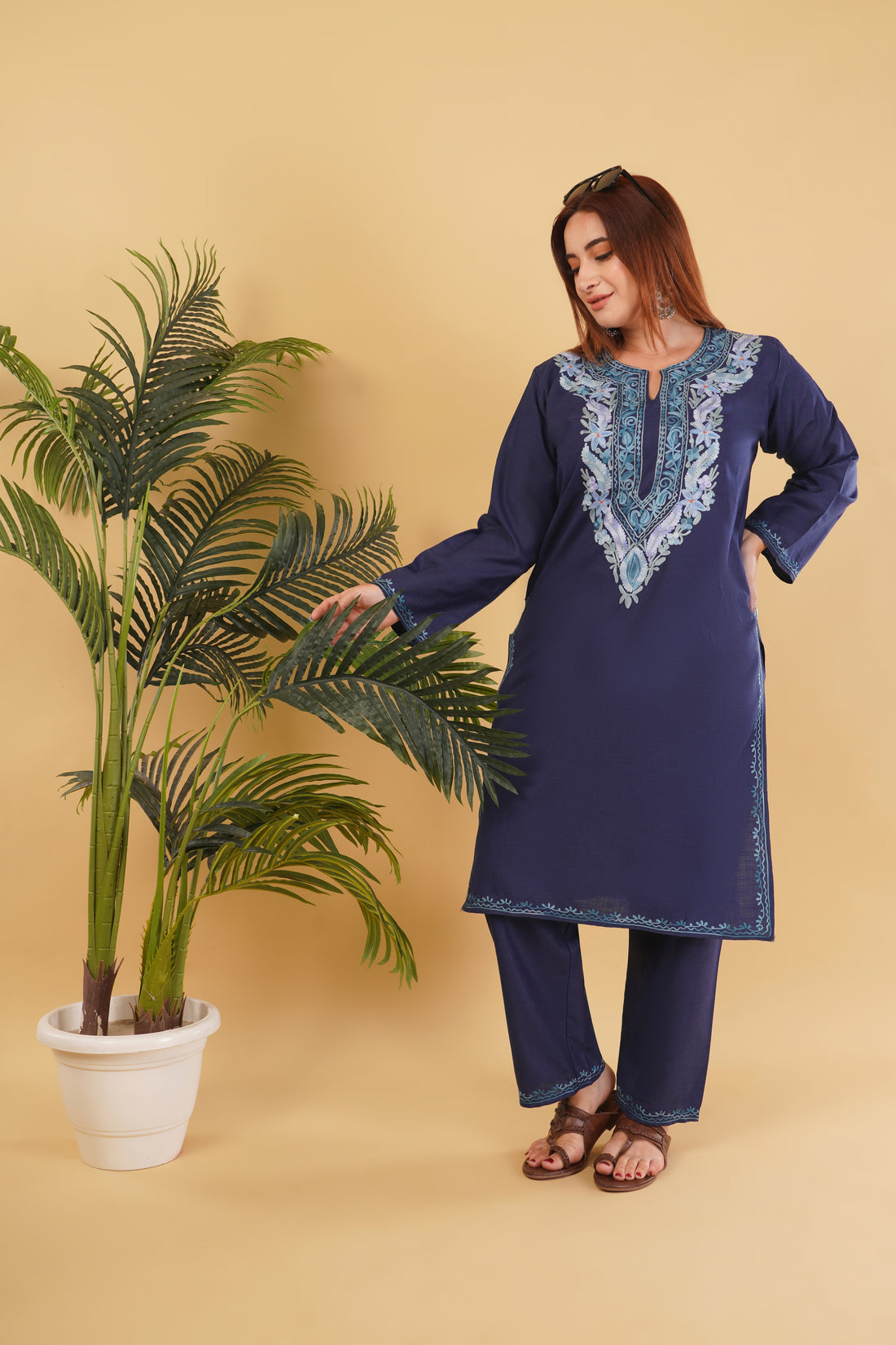 Kashmiri Aari embroidery Cotton Co-ord set Size-44 (Navy Blue)