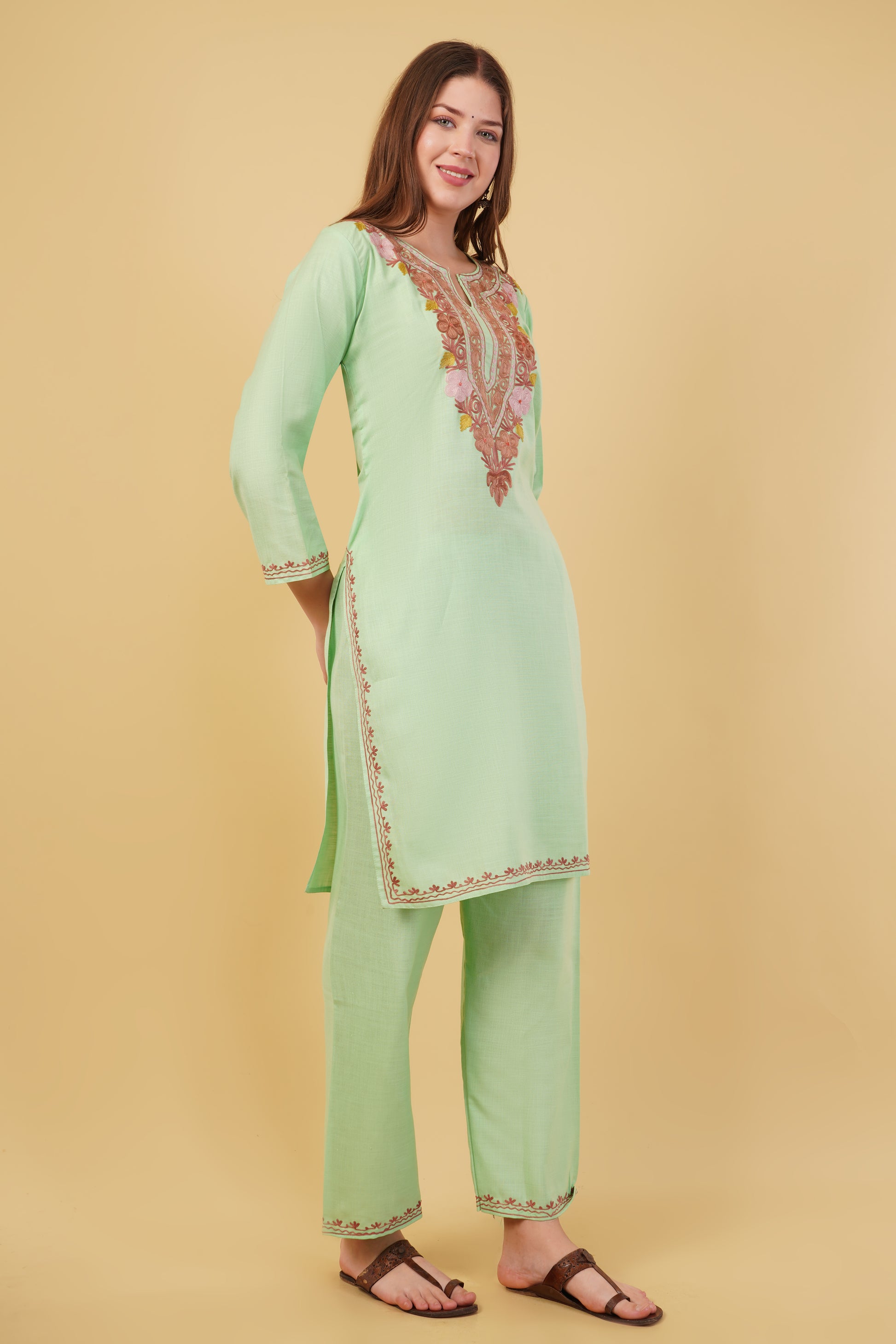 Kashmiri Aari embroidery Cotton Co-ord set Size-40 (Green)