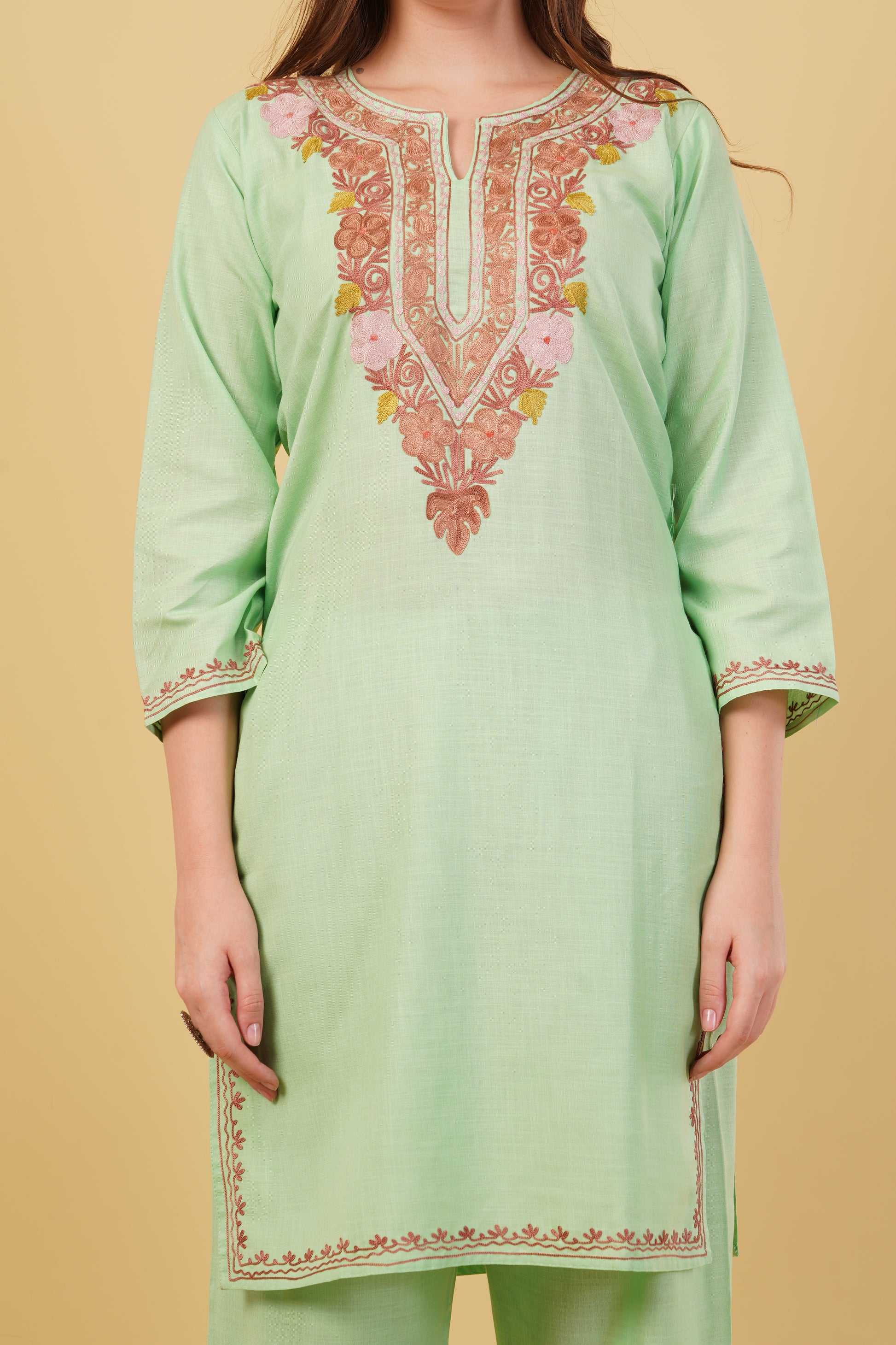 Kashmiri Aari embroidery Cotton Co-ord set Size-40 (Green)