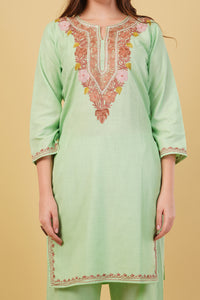 Kashmiri Aari embroidery Cotton Co-ord set Size-40 (Green)