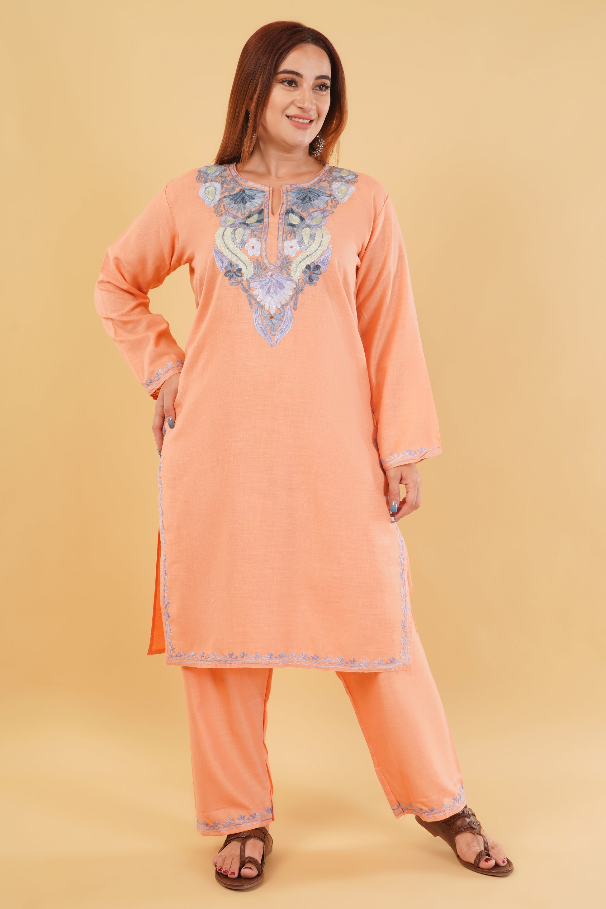 Kashmiri Aari embroidery Cotton Co-ord set Size-44 (Peach)