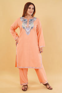 Kashmiri Aari embroidery Cotton Co-ord set Size-44 (Peach)