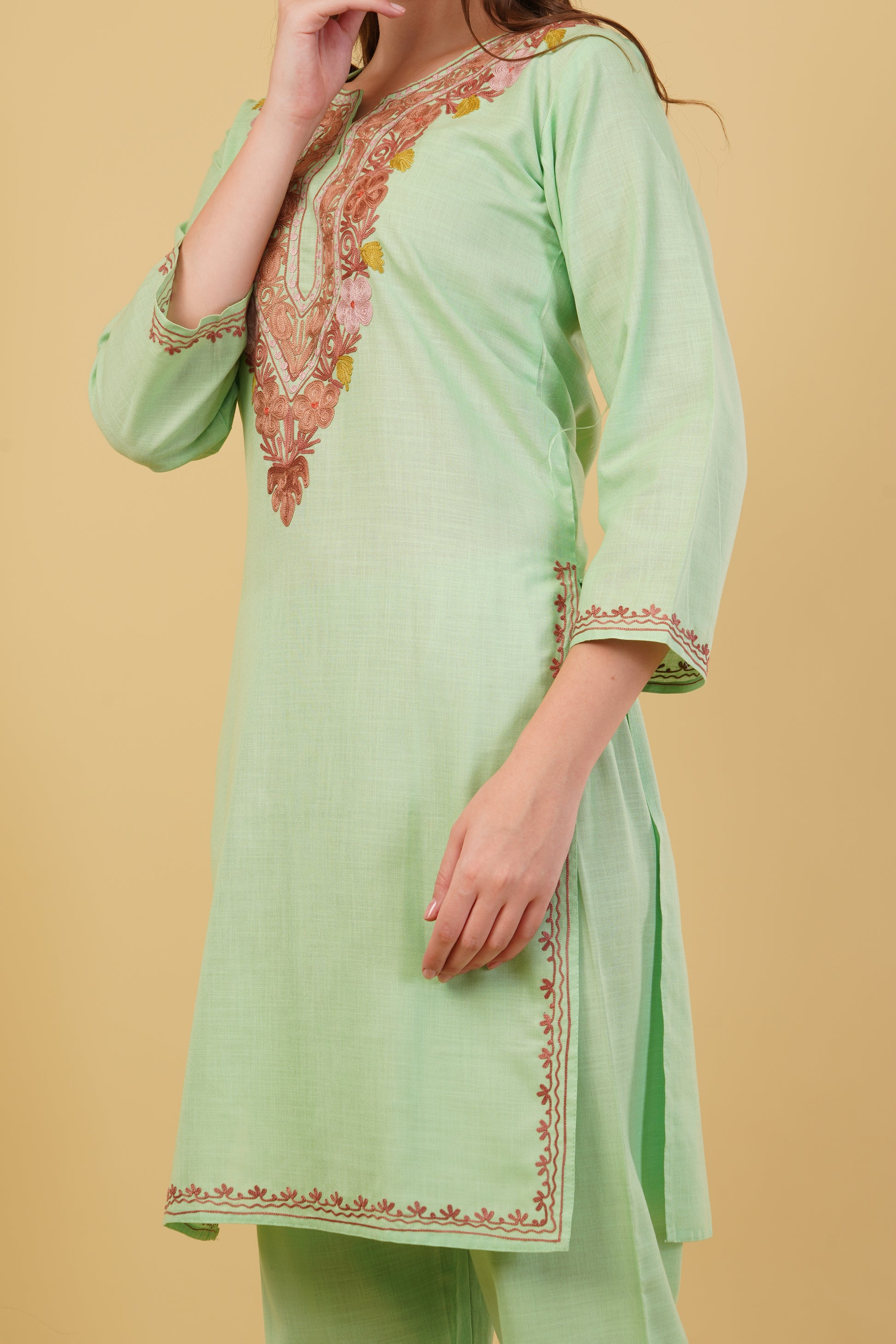 Kashmiri Aari embroidery Cotton Co-ord set Size-40 (Green)