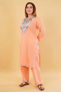 Kashmiri Aari embroidery Cotton Co-ord set Size-44 (Peach)