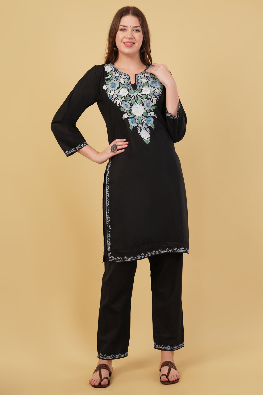 Kashmiri Aari embroidery Cotton Co-ord set Size-40(Black)