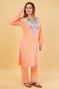 Kashmiri Aari embroidery Cotton Co-ord set Size-44 (Peach)