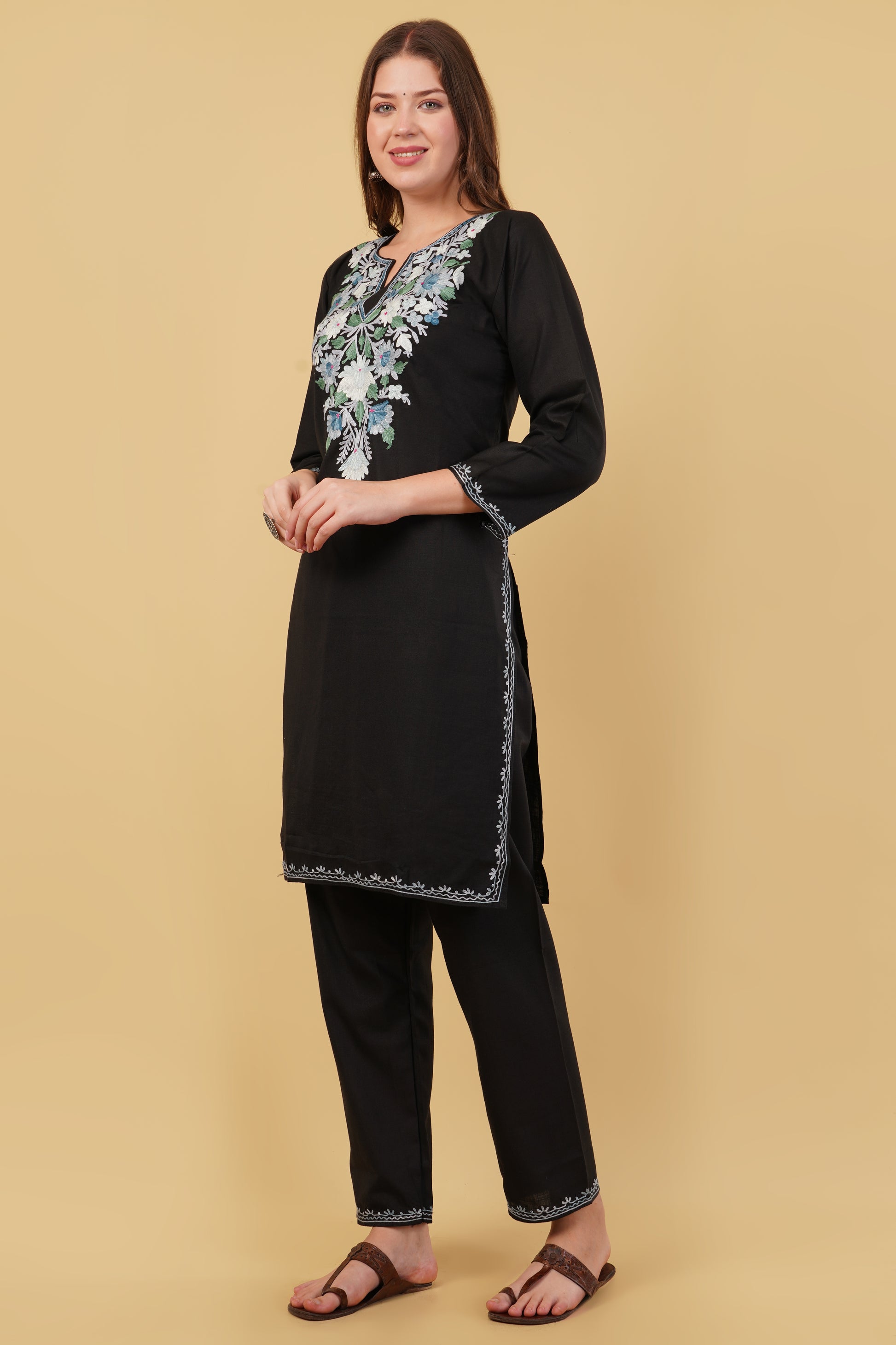 Kashmiri Aari embroidery Cotton Co-ord set Size-40(Black)