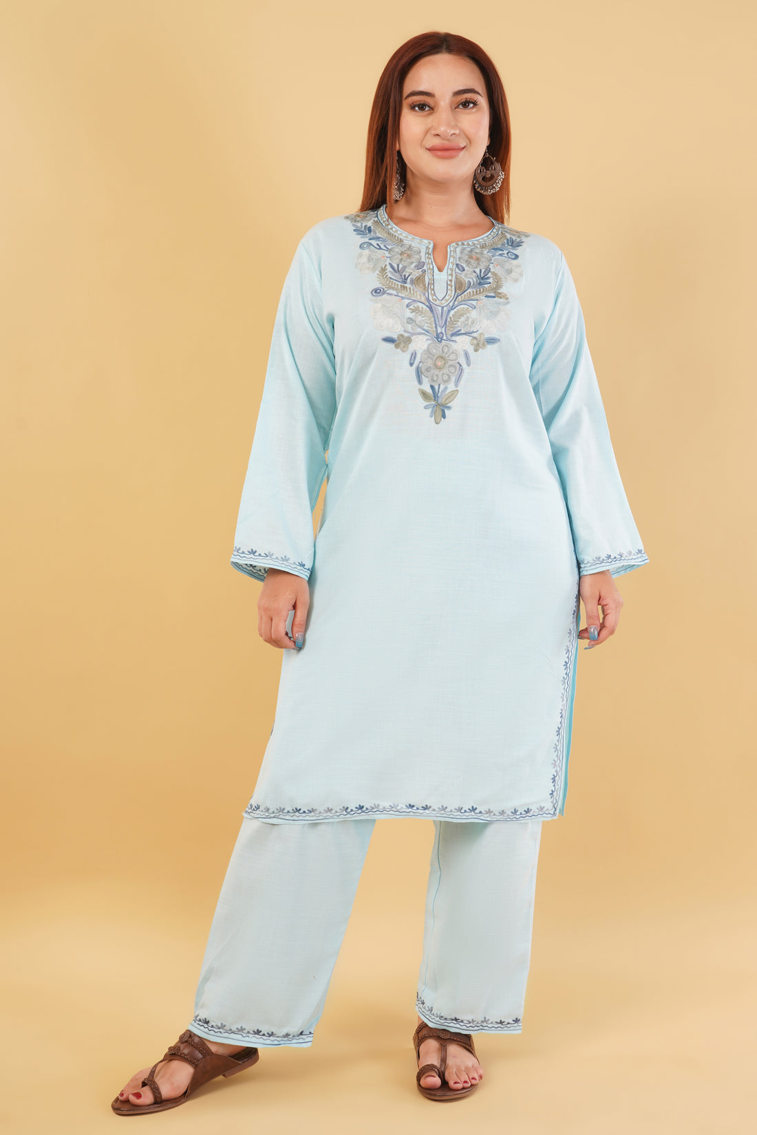Kashmiri Aari embroidery Cotton Co-ord set Size-44 (Sky Blue)