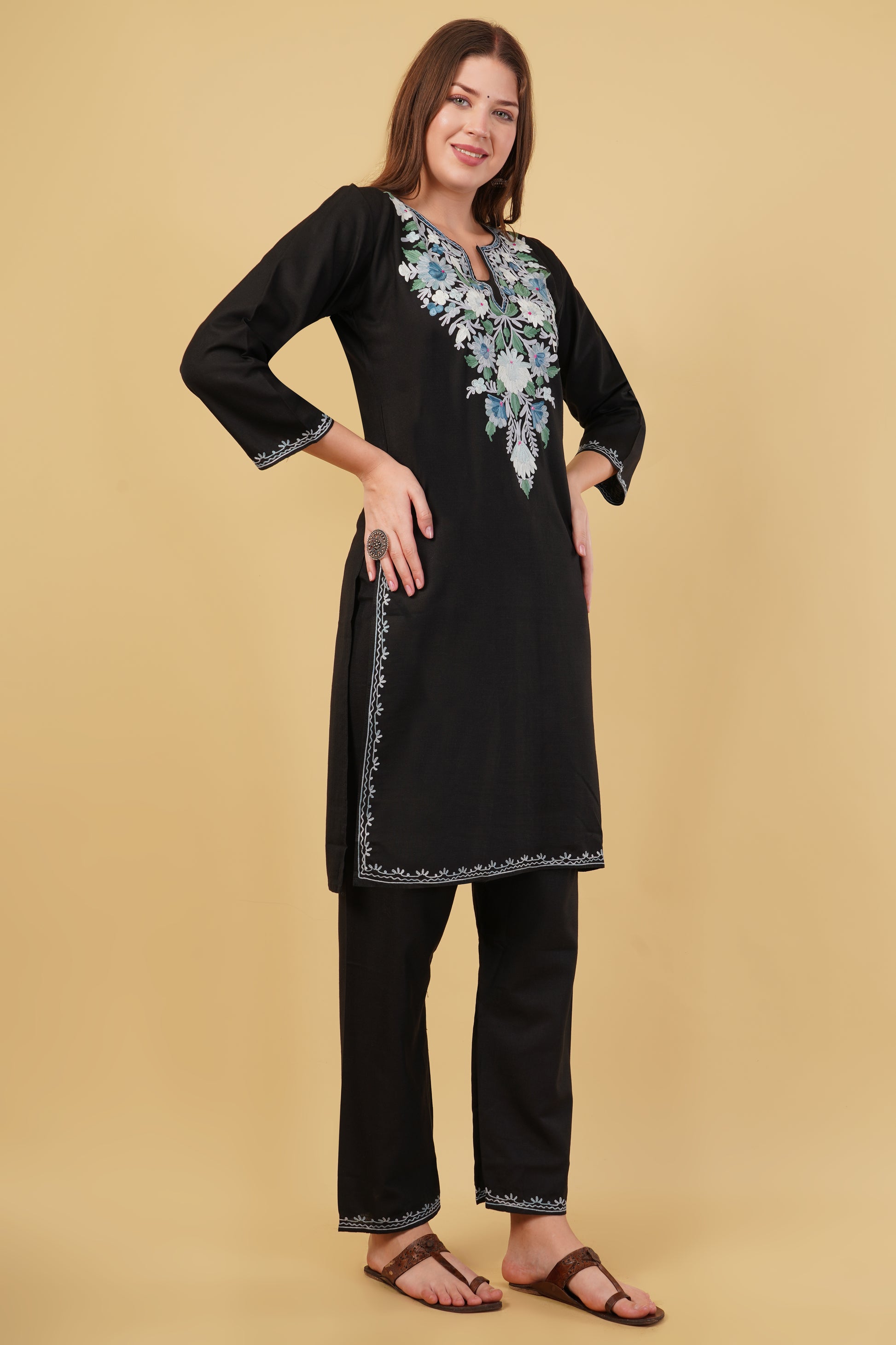 Kashmiri Aari embroidery Cotton Co-ord set Size-40(Black)
