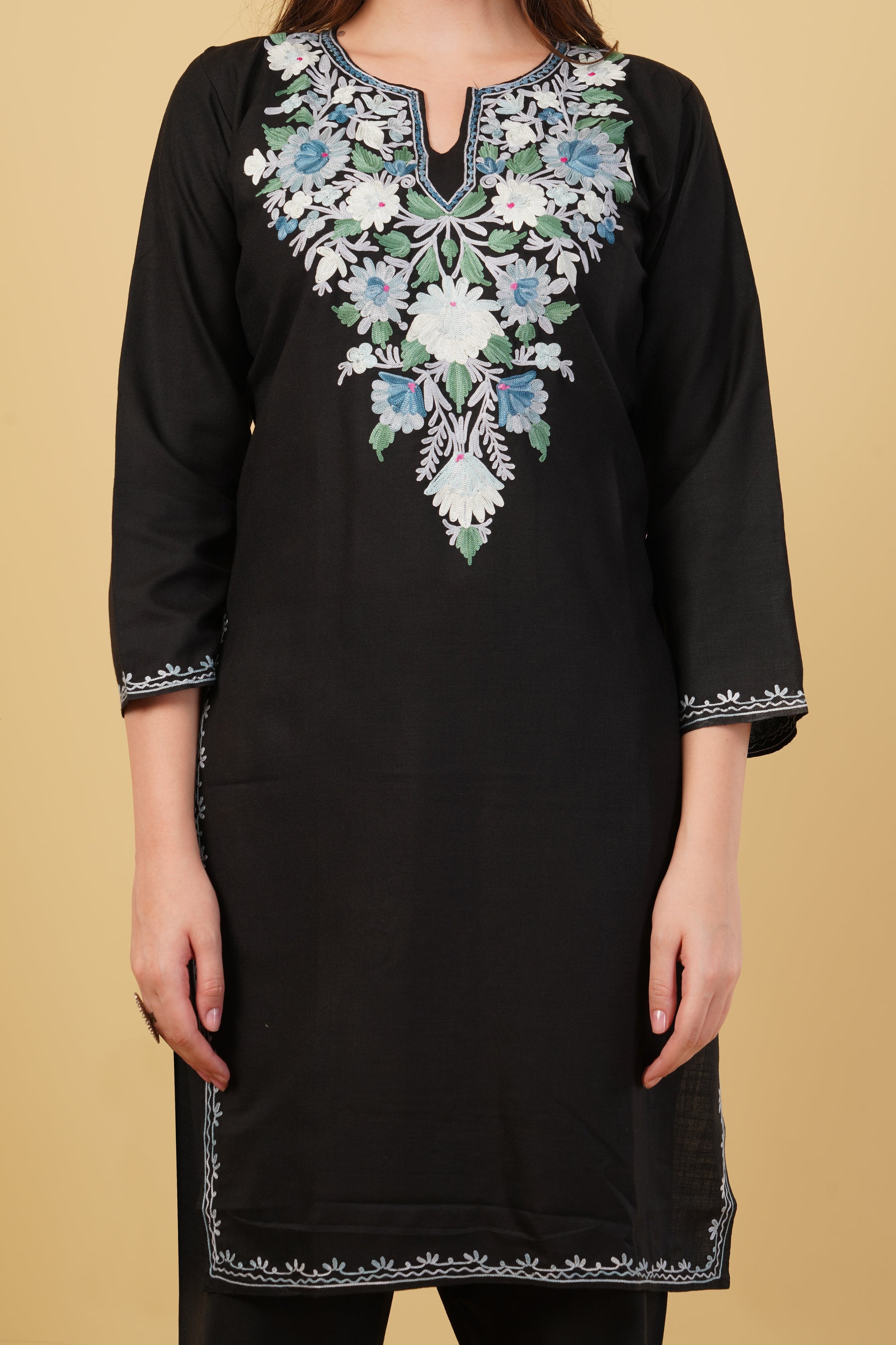 Kashmiri Aari embroidery Cotton Co-ord set Size-40(Black)