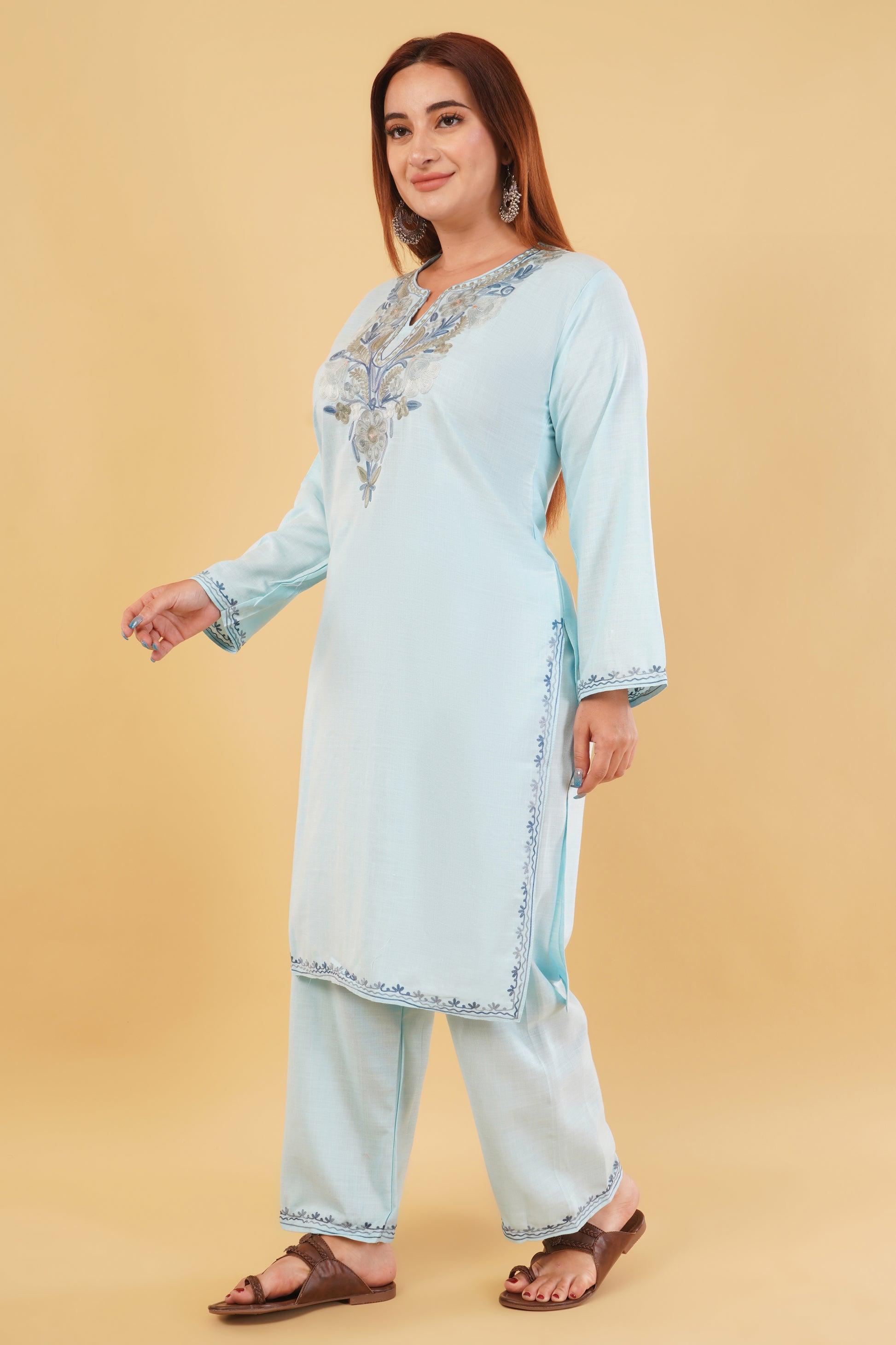 Kashmiri Aari embroidery Cotton Co-ord set Size-44 (Sky Blue)