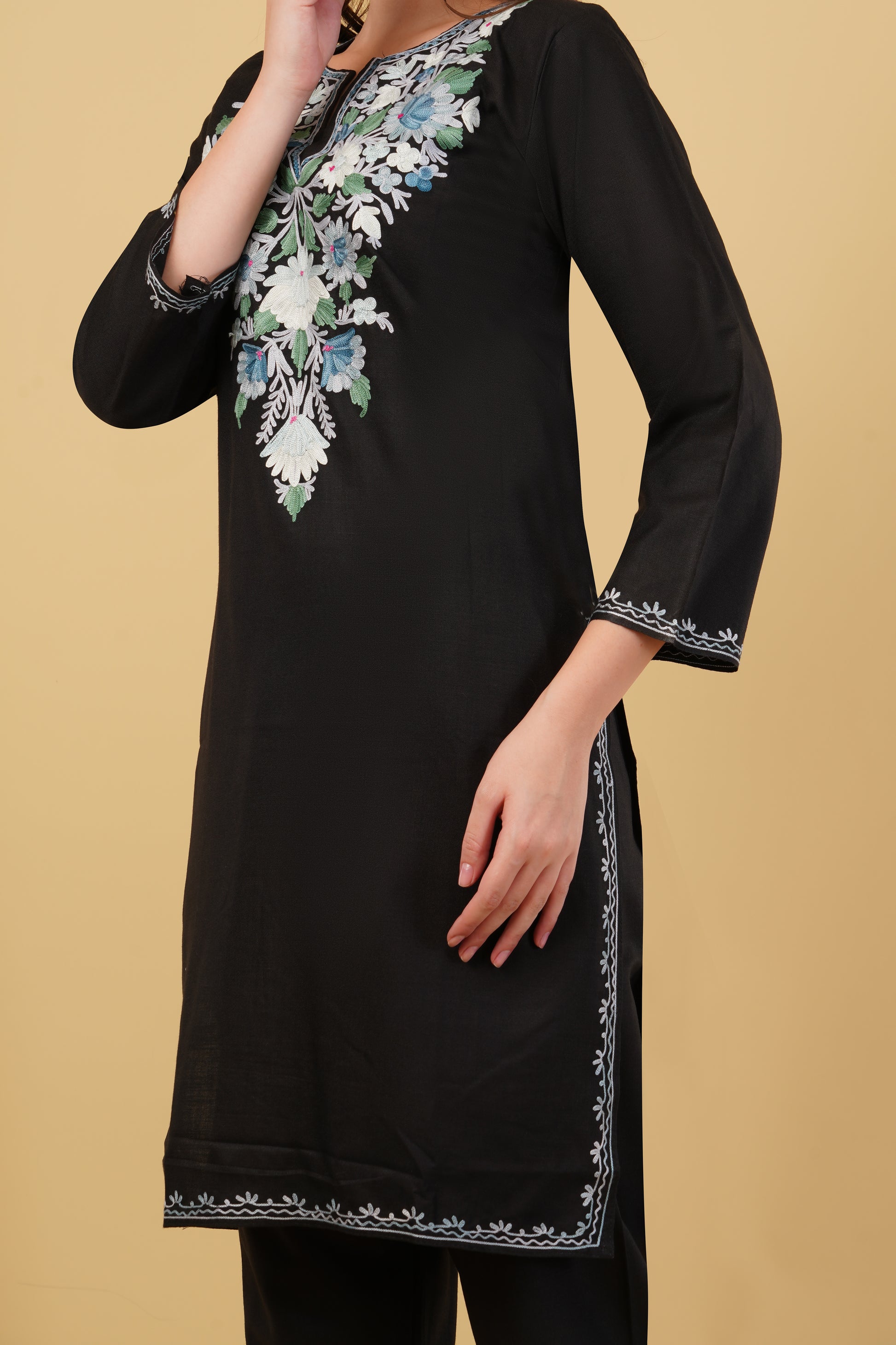 Kashmiri Aari embroidery Cotton Co-ord set Size-40(Black)