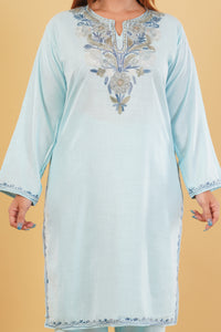 Kashmiri Aari embroidery Cotton Co-ord set Size-44 (Sky Blue)