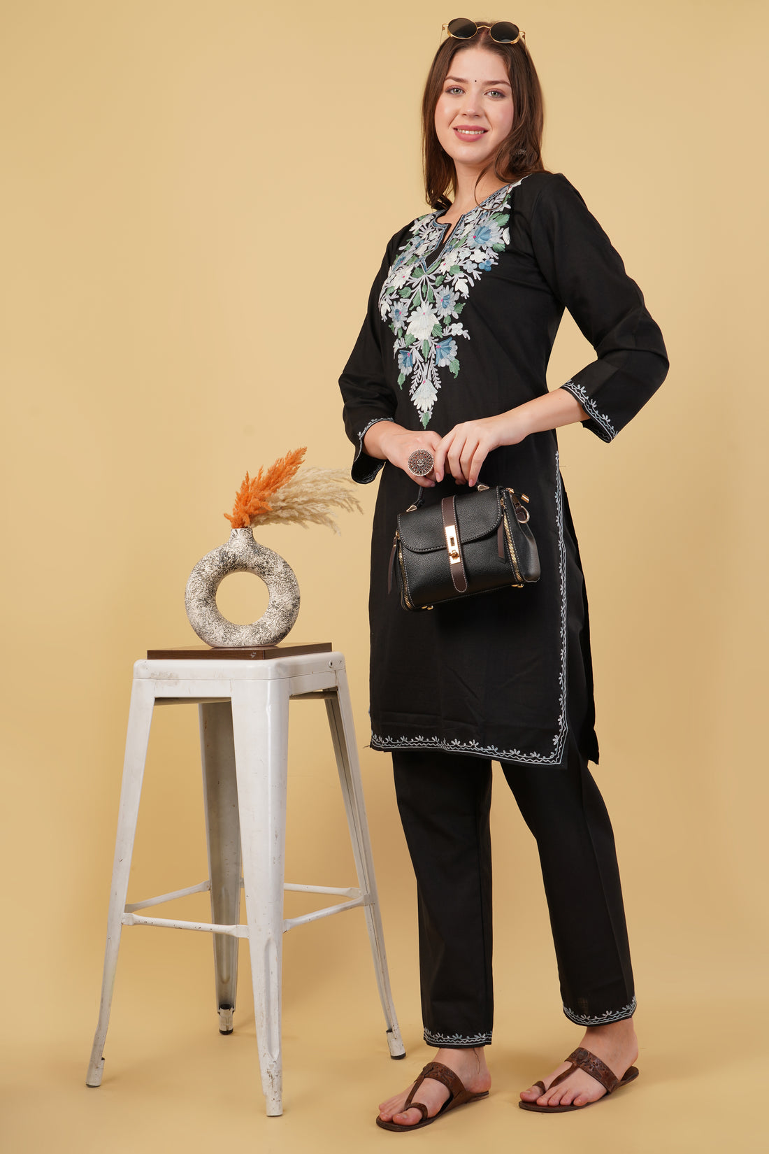 Kashmiri Aari embroidery Cotton Co-ord set Size-40(Black)