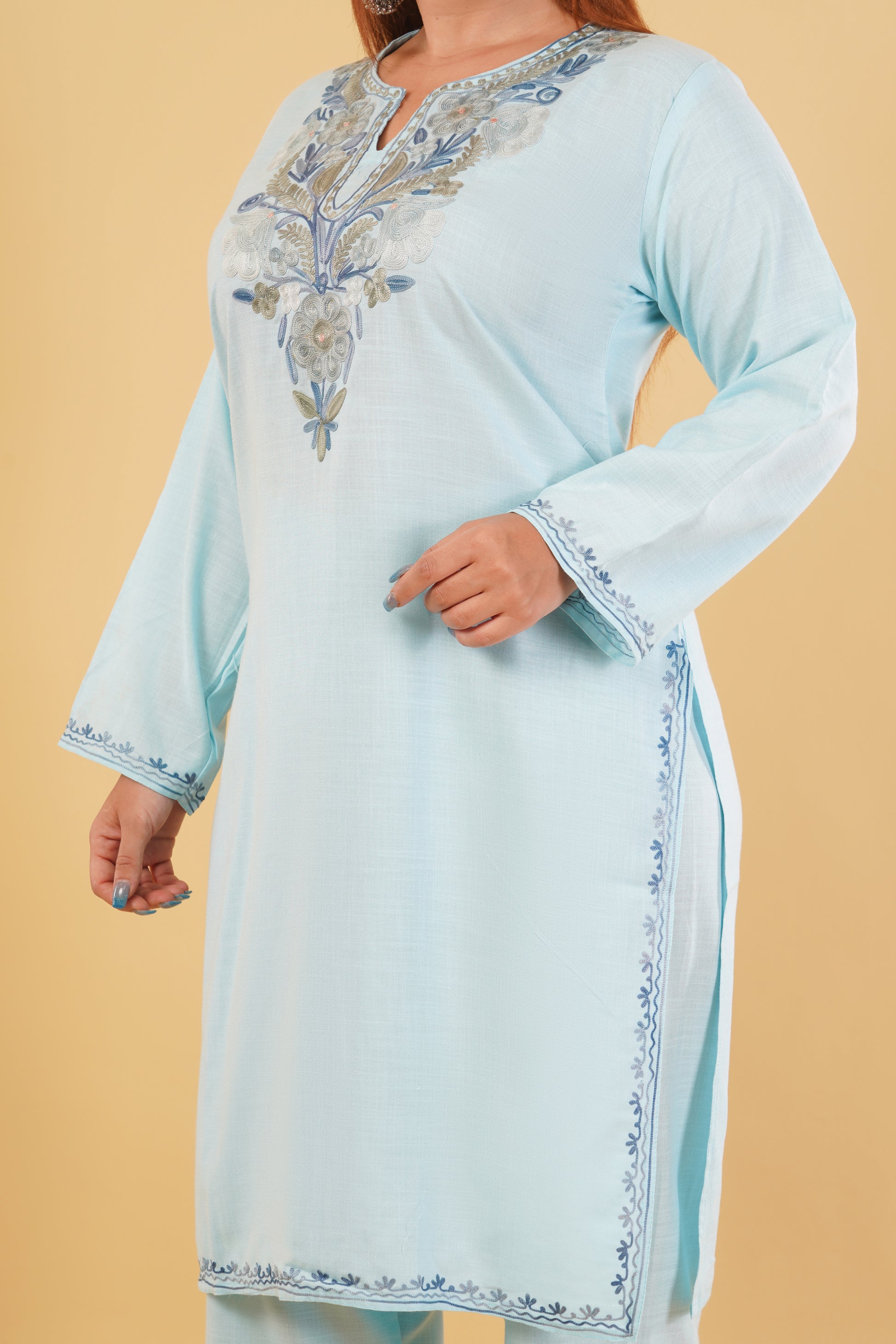 Kashmiri Aari embroidery Cotton Co-ord set Size-44 (Sky Blue)