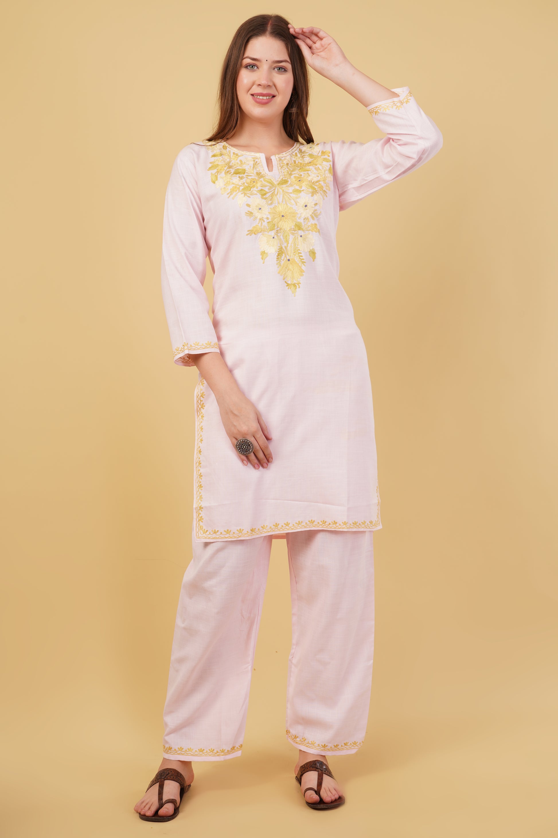 Kashmiri Aari embroidery Cotton Co-ord set Size-40 (Baby Pink)