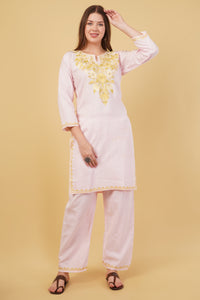 Kashmiri Aari embroidery Cotton Co-ord set Size-40 (Baby Pink)