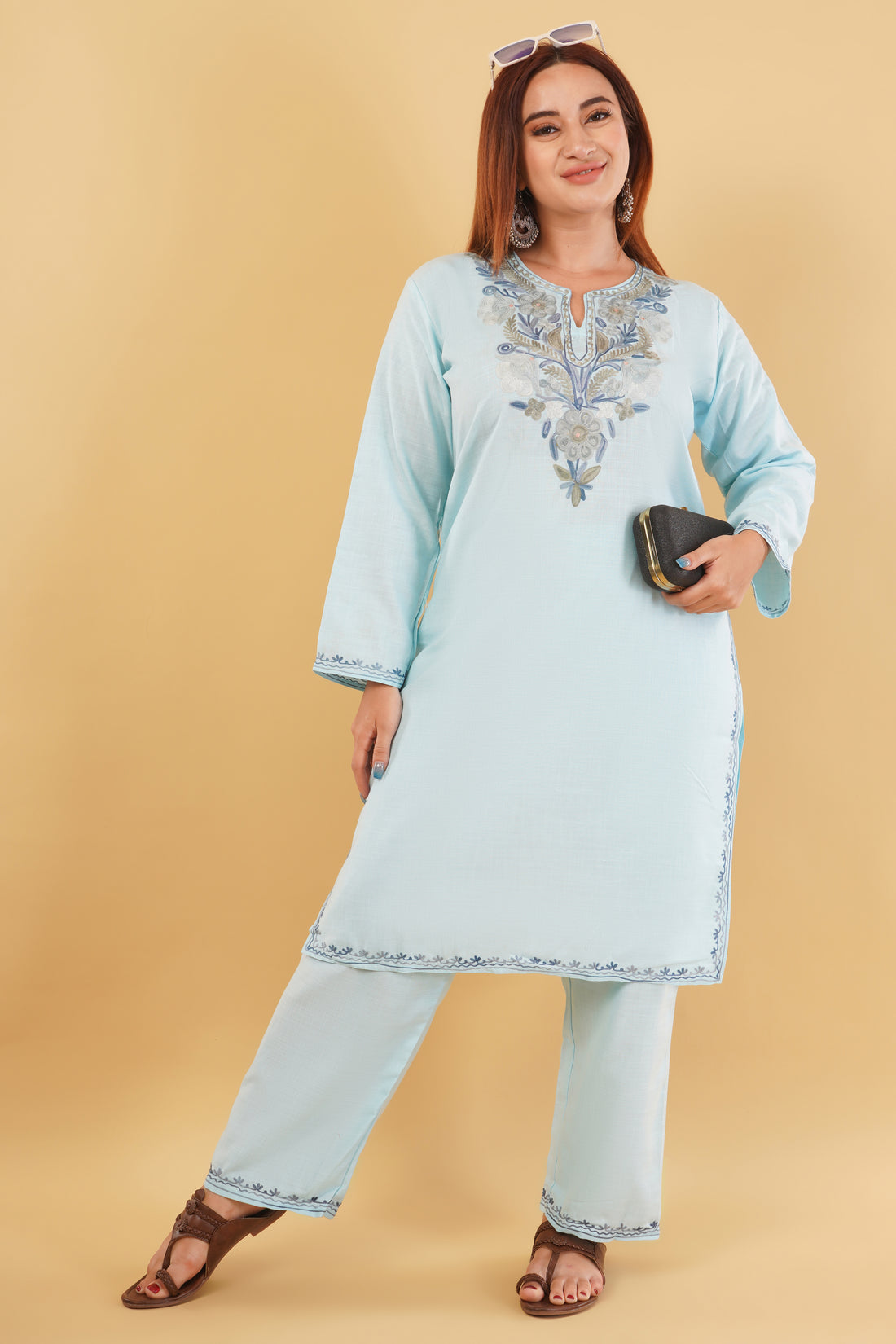 Kashmiri Aari embroidery Cotton Co-ord set Size-44 (Sky Blue)
