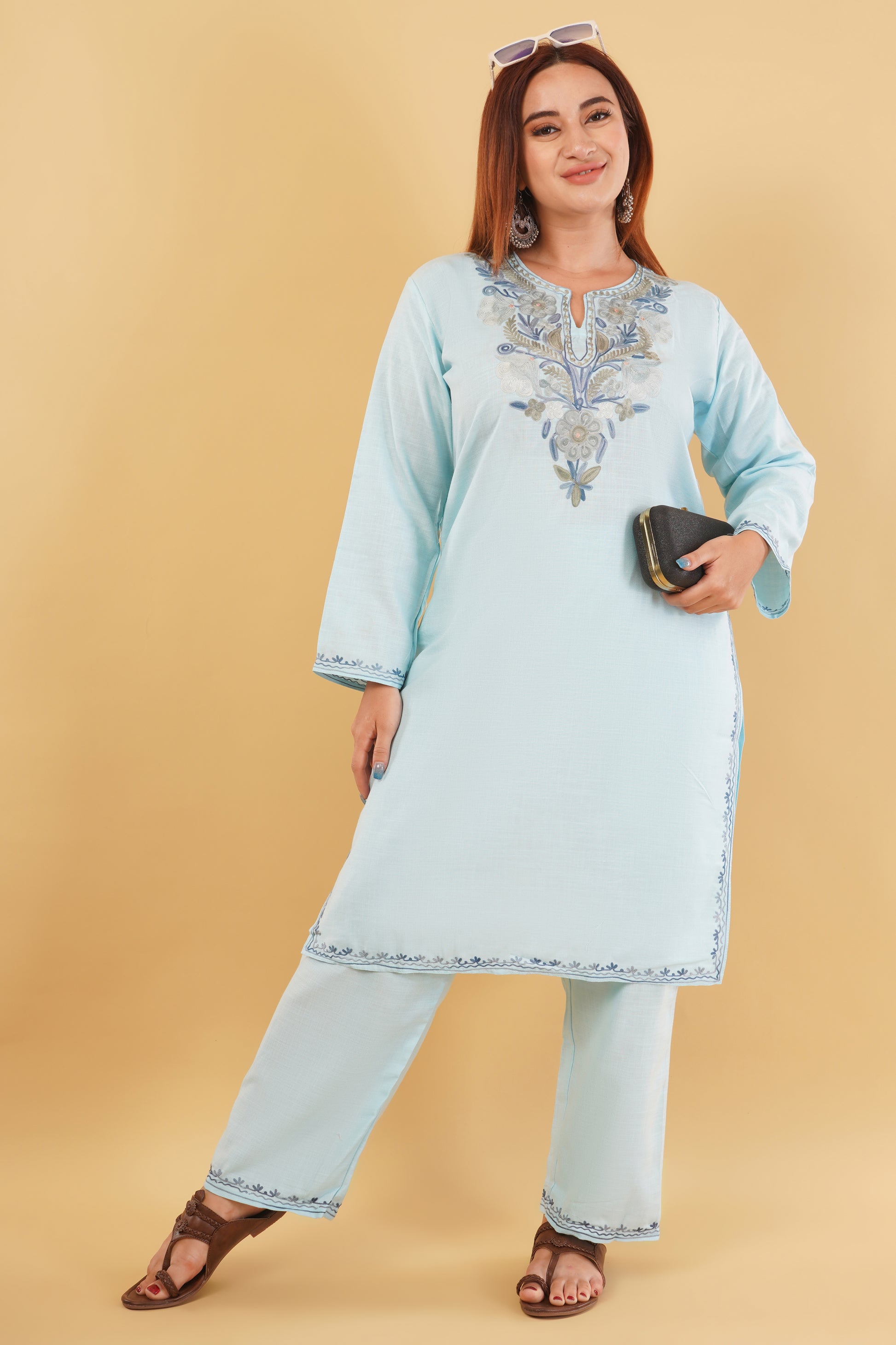 Kashmiri Aari embroidery Cotton Co-ord set Size-44 (Sky Blue)