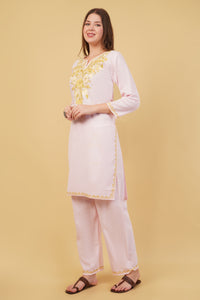 Kashmiri Aari embroidery Cotton Co-ord set Size-40 (Baby Pink)