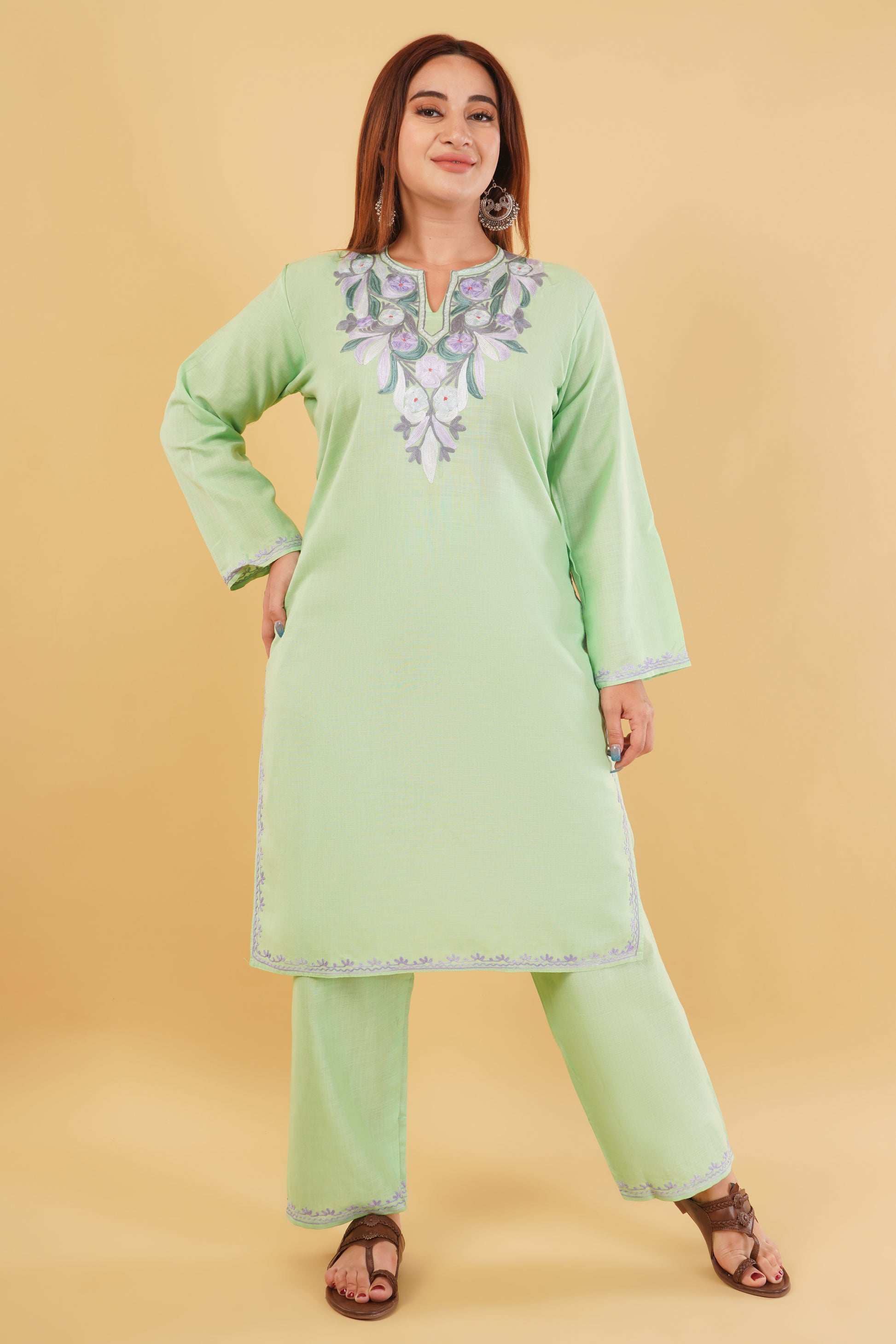 Kashmiri Aari embroidery Cotton Co-ord set Size-44 (Green)