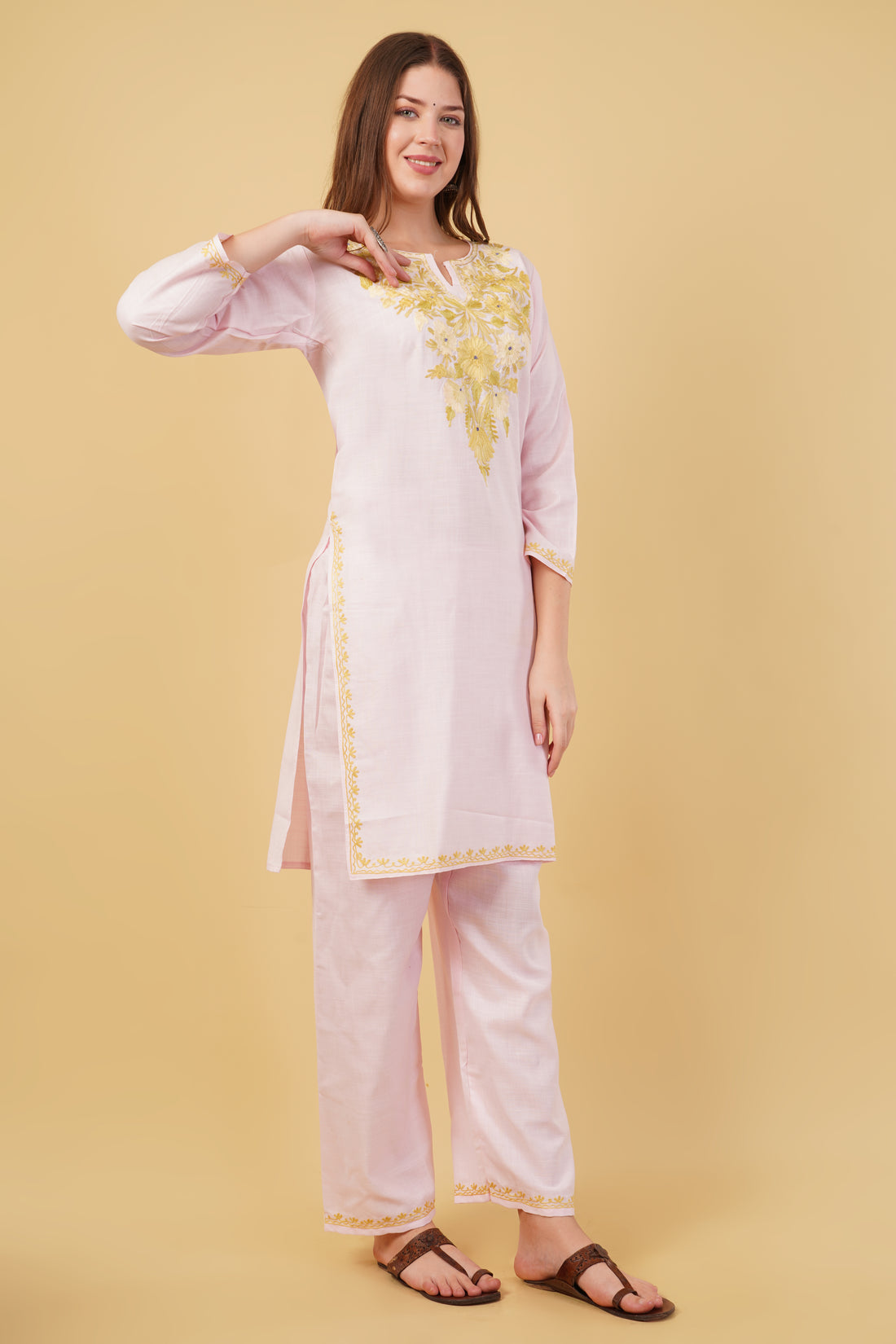 Kashmiri Aari embroidery Cotton Co-ord set Size-40 (Baby Pink)