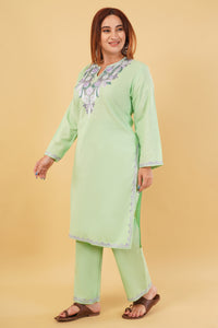 Kashmiri Aari embroidery Cotton Co-ord set Size-44 (Green)