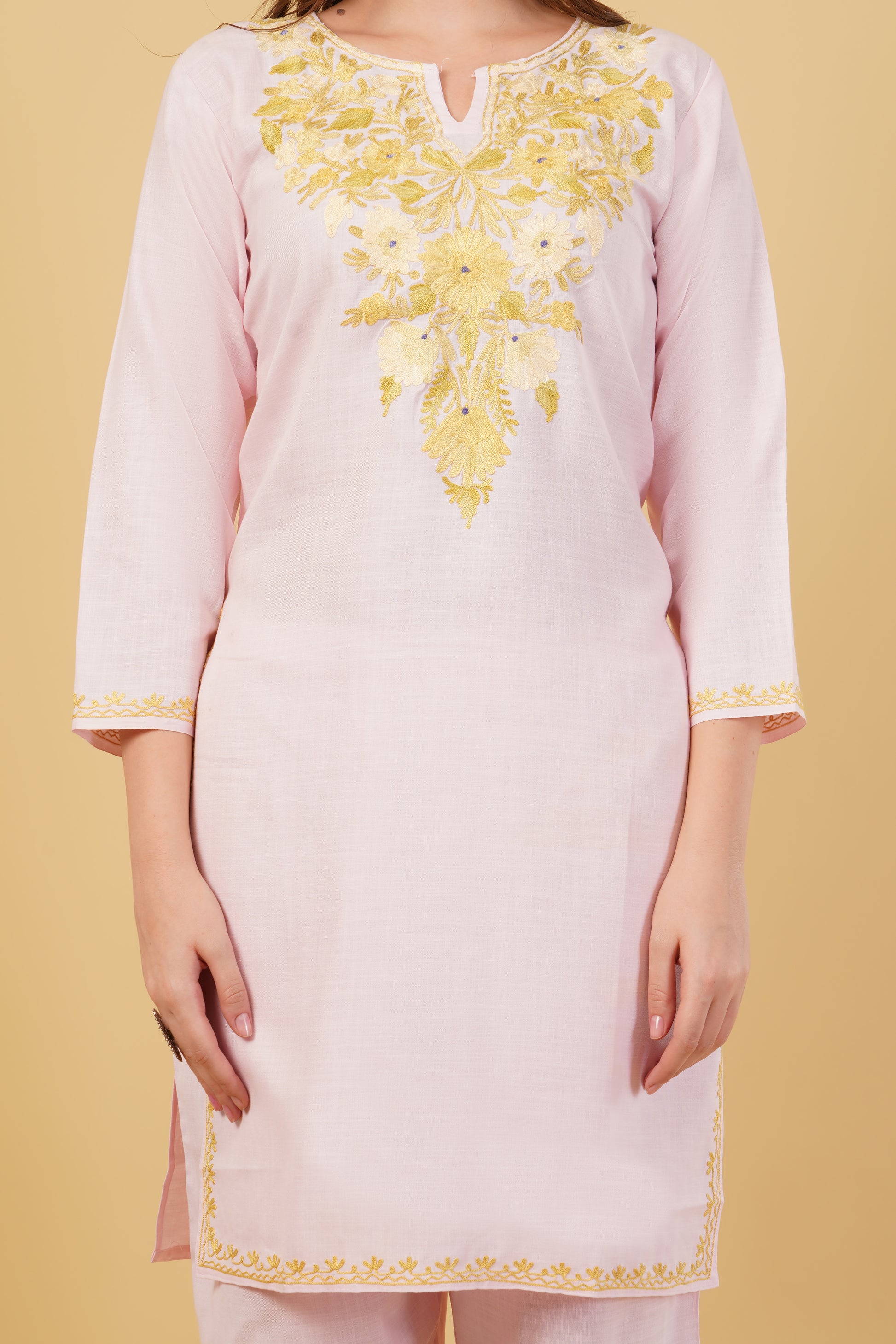 Kashmiri Aari embroidery Cotton Co-ord set Size-40 (Baby Pink)