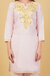 Kashmiri Aari embroidery Cotton Co-ord set Size-40 (Baby Pink)
