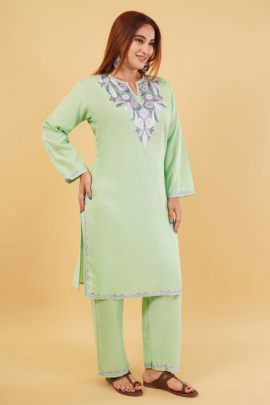 Kashmiri Aari embroidery Cotton Co-ord set Size-44 (Green)