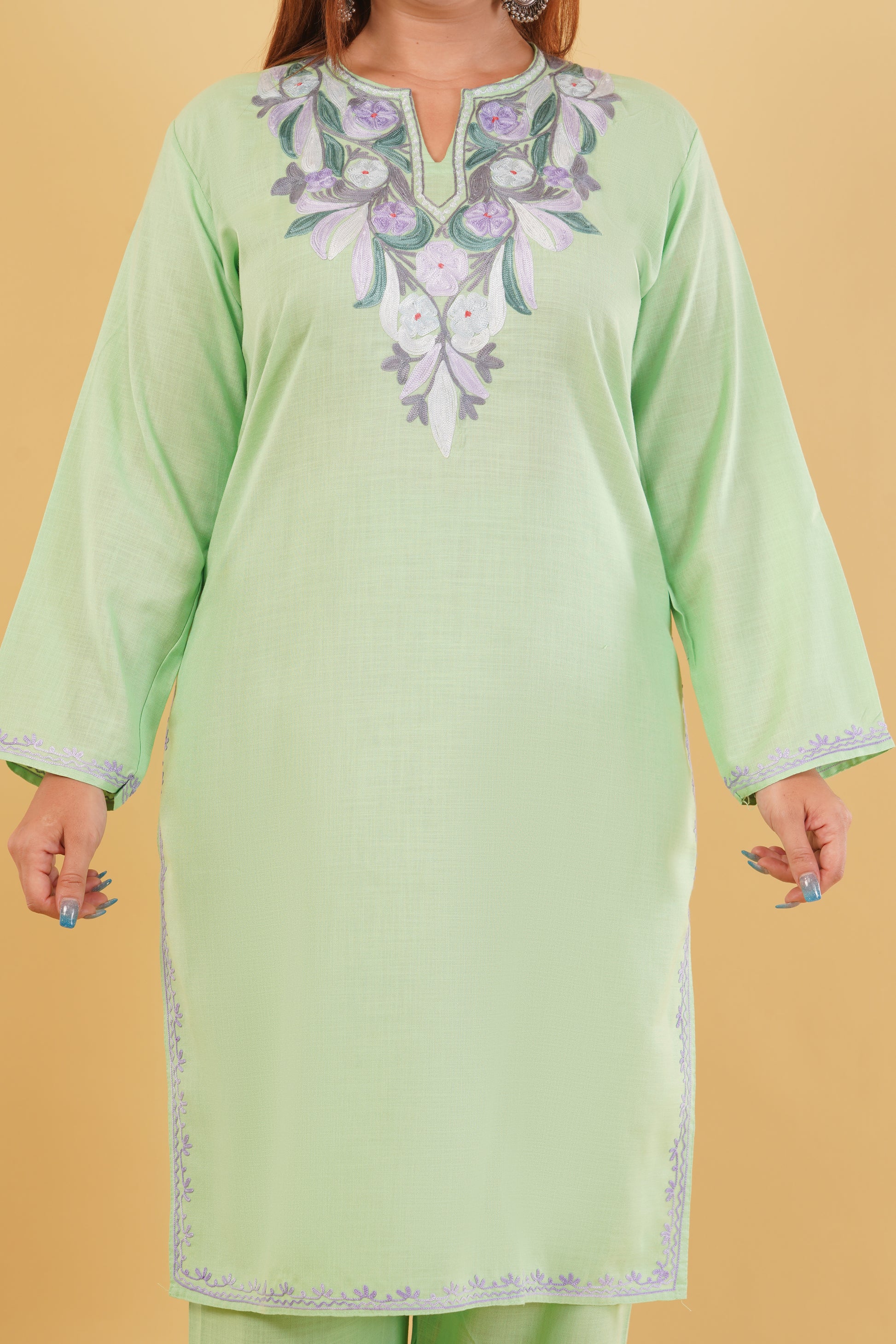 Kashmiri Aari embroidery Cotton Co-ord set Size-44 (Green)
