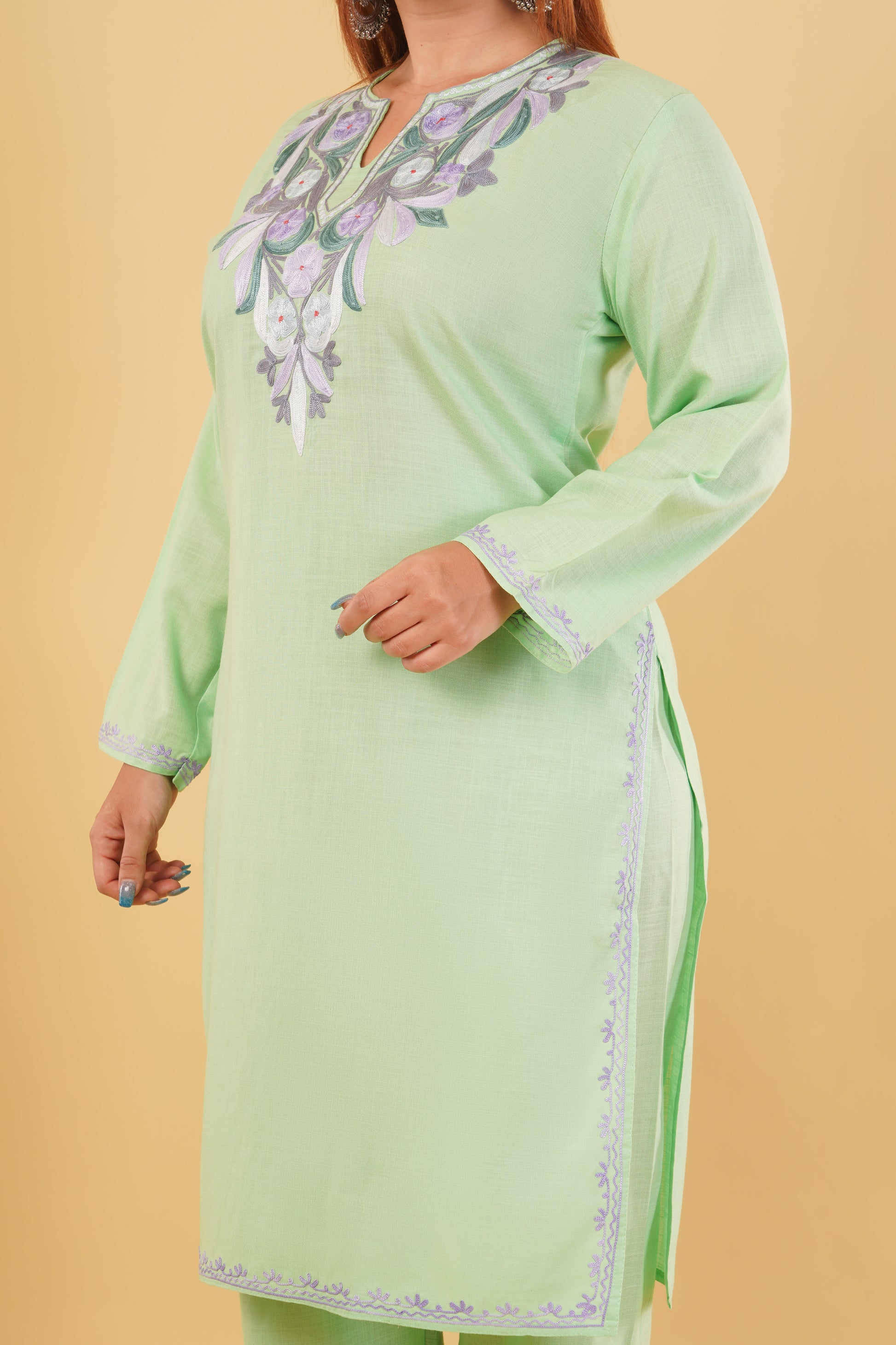 Kashmiri Aari embroidery Cotton Co-ord set Size-44 (Green)