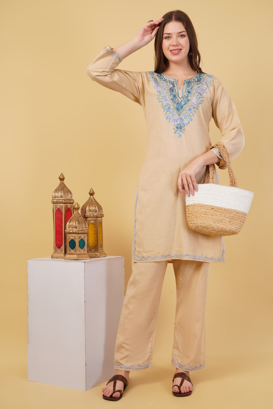 Kashmiri Aari embroidery Cotton Co-ord set Size-40 (Beige)
