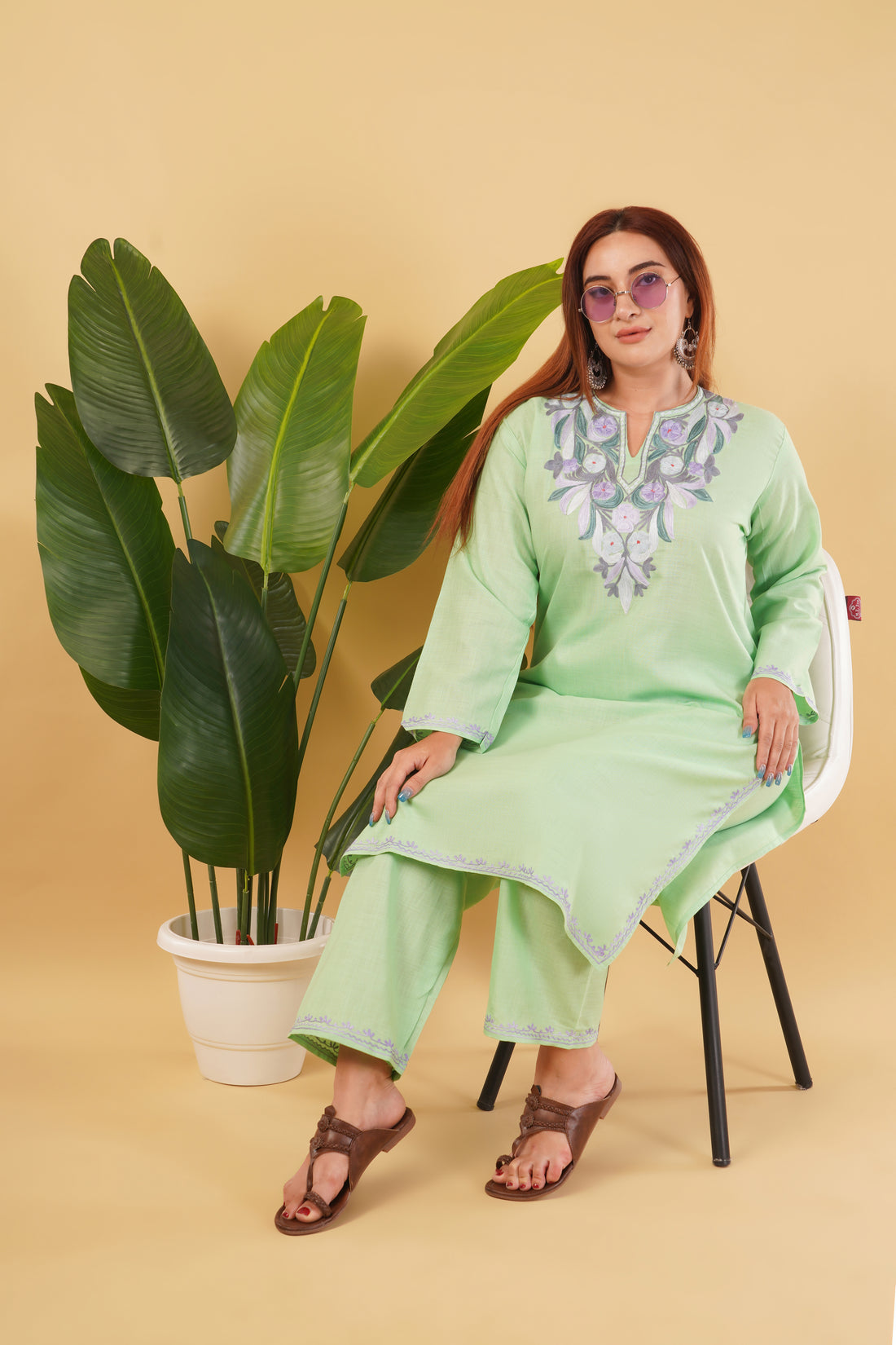 Kashmiri Aari embroidery Cotton Co-ord set Size-44 (Green)