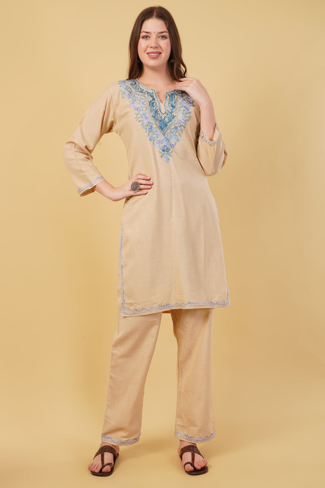 Kashmiri Aari embroidery Cotton Co-ord set Size-40 (Beige)