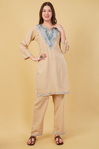 Kashmiri Aari embroidery Cotton Co-ord set Size-40 (Beige)