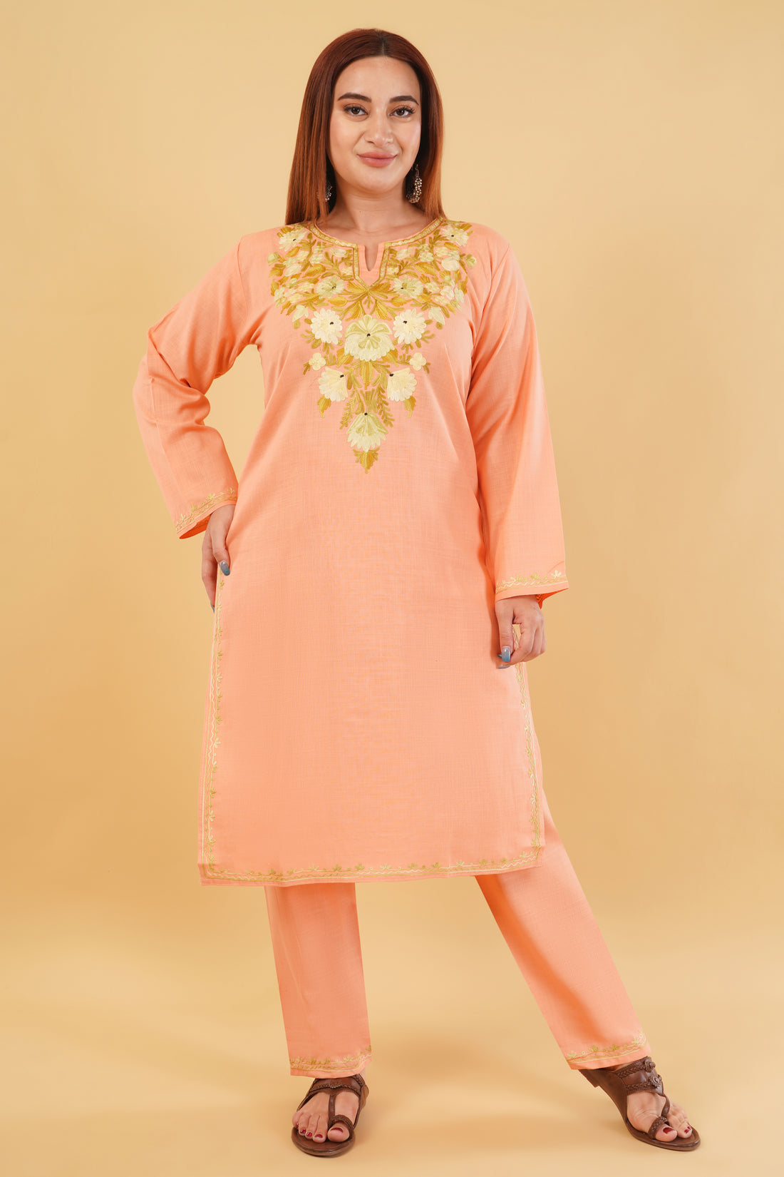 Kashmiri Aari embroidery Cotton Co-ord set Size-42(Peach)