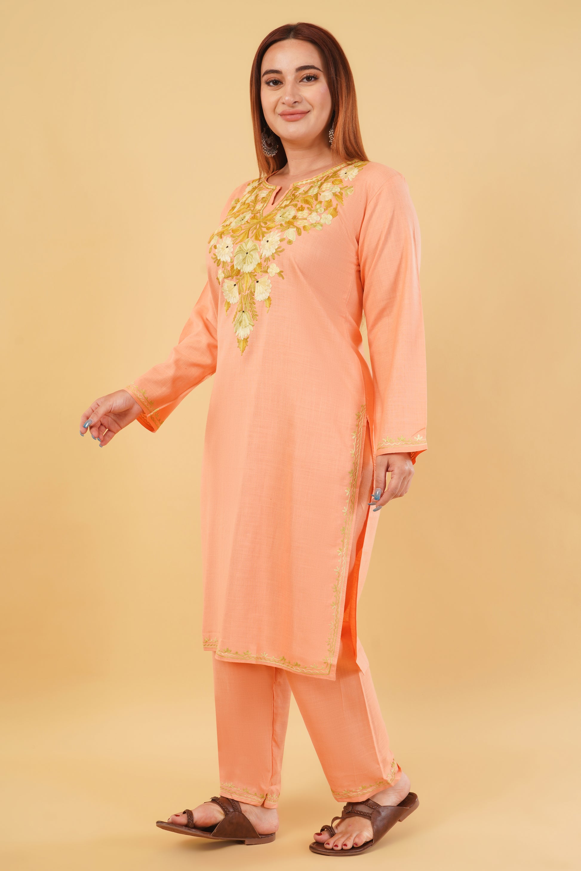 Kashmiri Aari embroidery Cotton Co-ord set Size-42(Peach)