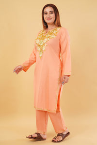 Kashmiri Aari embroidery Cotton Co-ord set Size-42(Peach)
